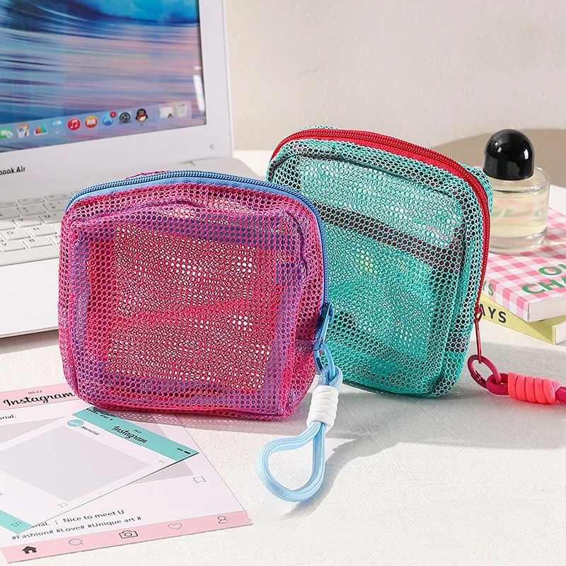 Storage Bag Square Mesh Cosmetic Bag with Zipper Fashionable Travel Trip High-capacity Makeup Bags Lipstick Earphone Coin Purse