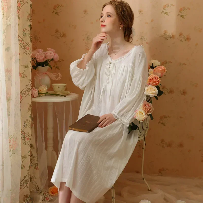 Long Dressing Gown Loose Robe Peignoir Nightwear Women Pure Cotton Princess Sleepwear Victorian Nightgowns Vintage Night Dress