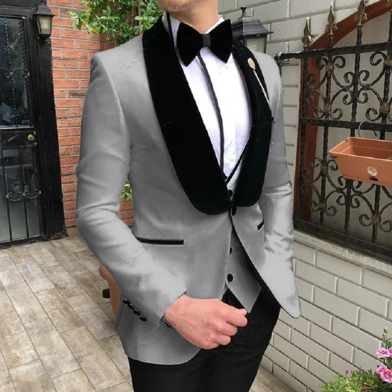 Fashion Men's Suit 3 Pieces Slim Fit Prom Tuxedos Tweed Shawl Lapel Wedding Grooms Blazer Vest Pants Wholesale