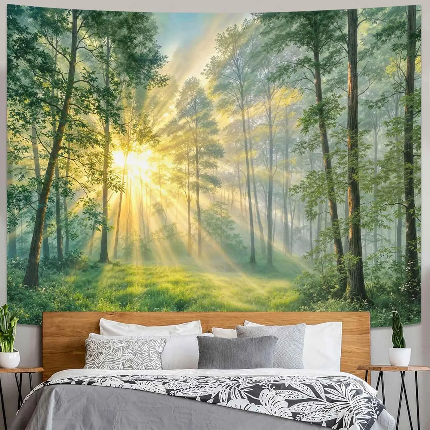 Sunlight Forest Tapestry, Green Woods Morning Sunbeam Wall Hanging, Aesthetic Nature Landscape Tapestry for Bedroom Living Room