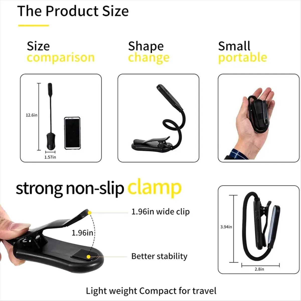 【BUY NOW】Rechargeable Book Light Mini 7 LED Reading Light 3-Level Flexible Easy Clip Lamp Read Night Reading Lamp in Bed Black