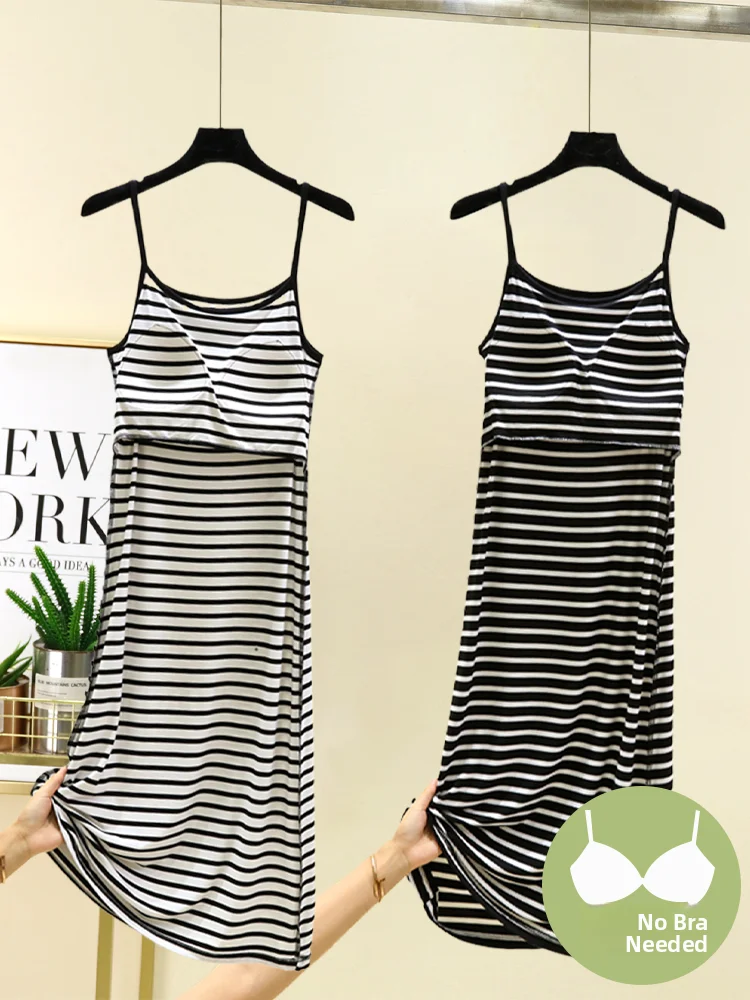 Ice Silk Sleep Dress Thin Strap Gown Home Wear Midi Size Large Pad Bralette Summer Cool Feeling Stripe Base Skirt