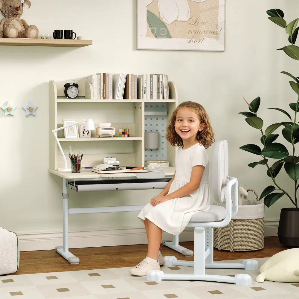 Kids Study Desk and Chair Set with Tiltable Desktop and Hutch, Gray