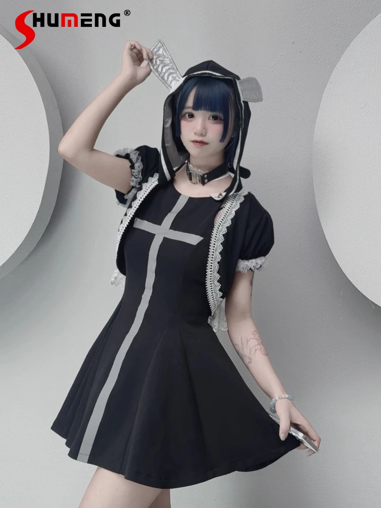 

Japanese New Subculture Reflective Cross Sleeveless Hooded Dress Mechanical Style Sweet Cool Girl Short Black and White Dress
