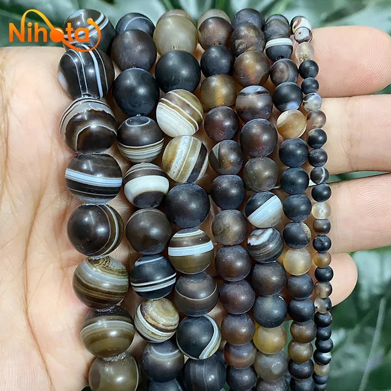 Natural Smooth Matte Stripe Brown Agates Round Banded Lace Beads for Jewelry Making DIY Bracelets Earrings 15