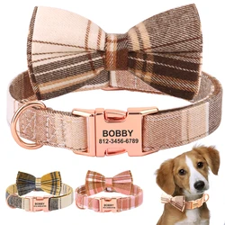 Personalized Bowknot Dog Collar Nylon Plaid Dog Collars Free Engraving Custom Pet Nameplate Necklace For Small Medium Large Dogs