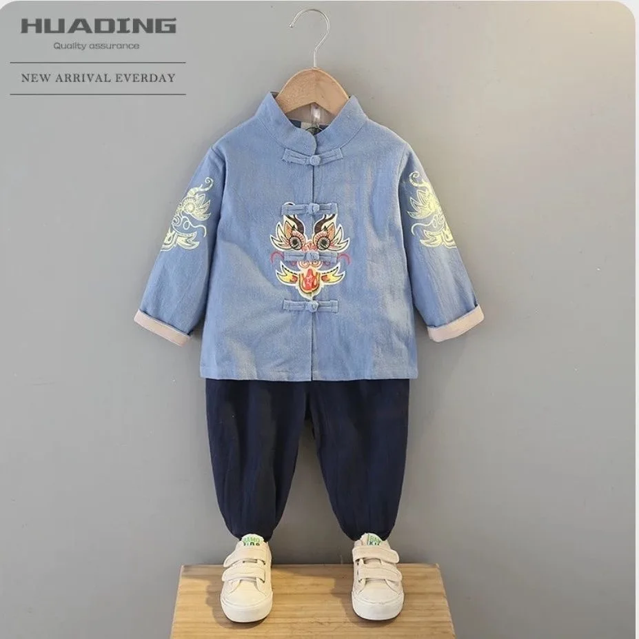 Summer Chinese Cotton Linen Tang Suit for Boy Girls Dragon Printing Short Sleeved Top Pant Set Baby Chinese New Year Clothes