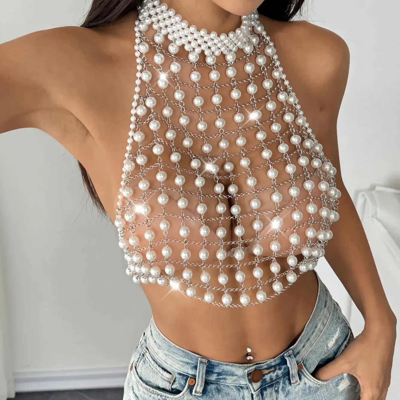 

Metal Chain Pearl Neckline Tank Top For Women Nightclub Cutout Unique Patchwork Design Slimming Sexy Clothing