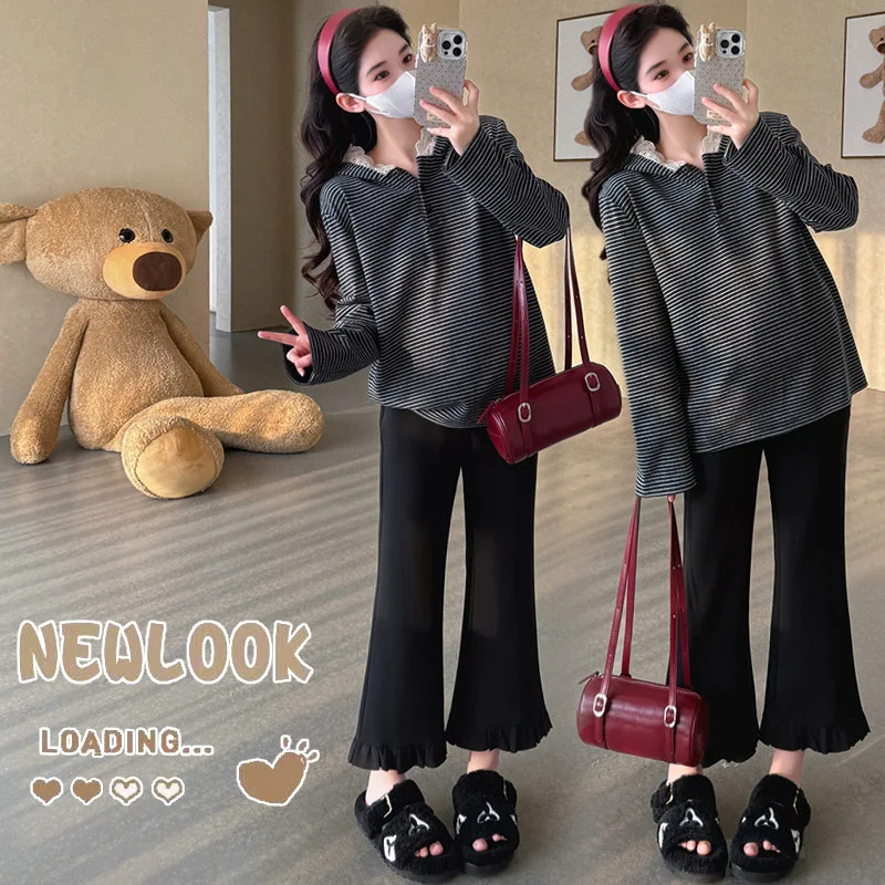 Maternity Hoodie Autumn Korean Style Double Fleece Warm Loose Fit Slimming Soft Comfortable Striped Lace Patchwork Hoodie