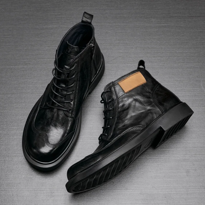 

Мотоциклетные ботинки, осенне-зимние уличные круглые кожаные ботинки, модная повседневная универсальная мужская обувь