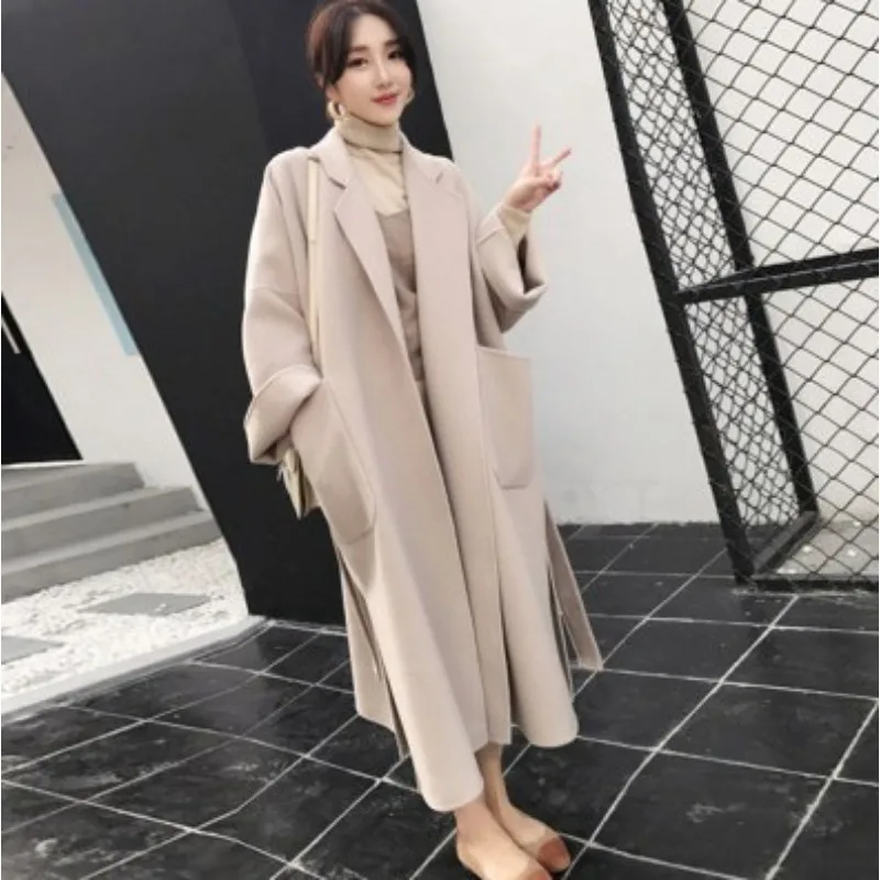 Nice Autumn Winter Woolen Coat Women Long Sleeve Woolen Blends Coat Open Front Parka with Belt Loose Casual Outerwear Пальто