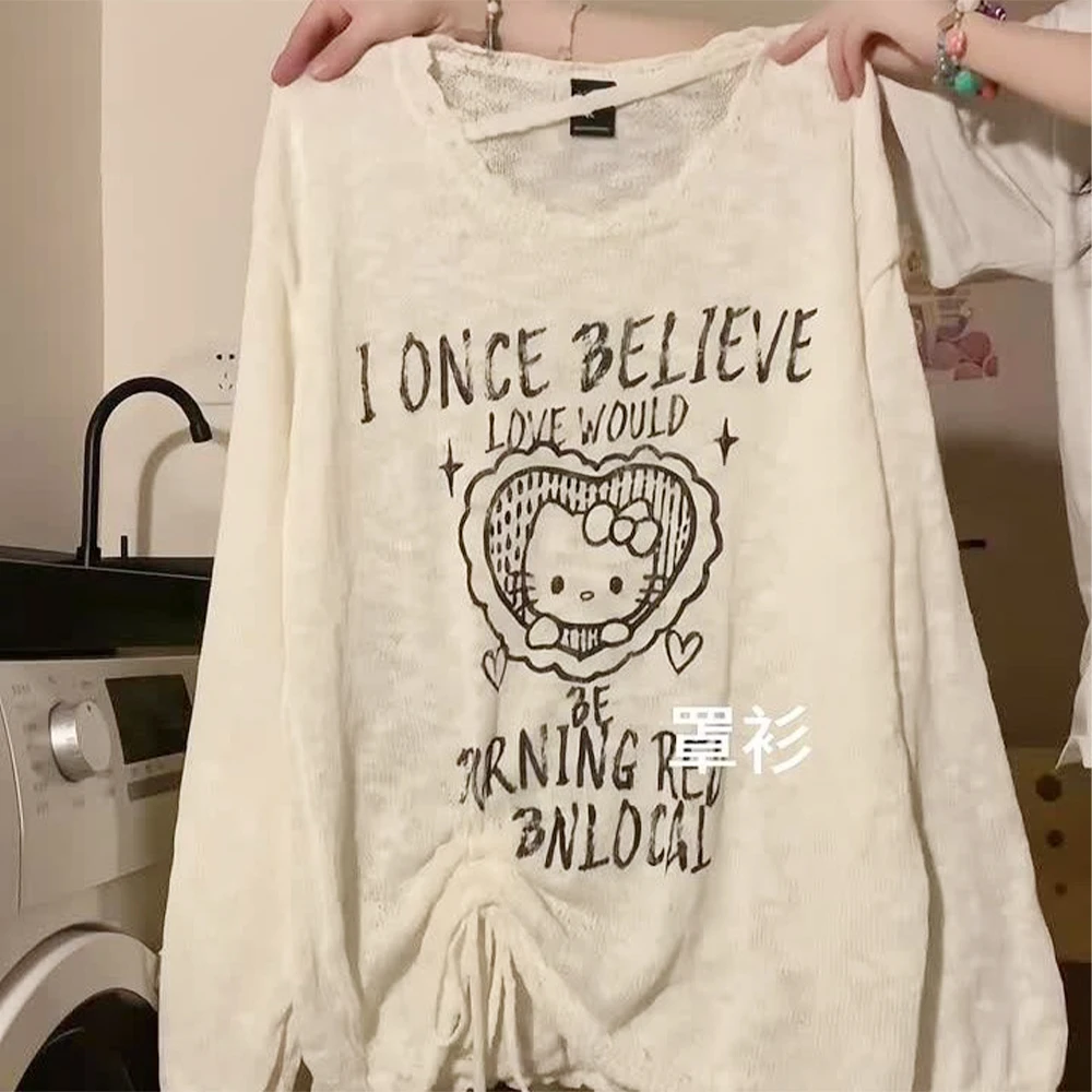 

Милый трикотаж «Hello Kitty», рубашка с длинными рукавами Sanrioed, аниме Kawaii, осенний свитер, защита от солнца, свободные топы, студенческие повседневные девушки