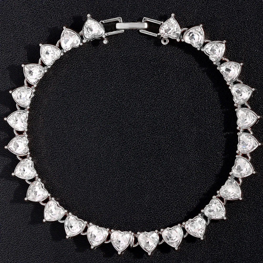 New Trendy Iced Out Full Rhinestones Heart Bracelet For Women Bling Love Heart Hand Link Tennis Chain Bracelets Hip Hop Jewelry