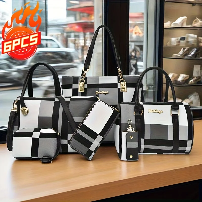 Fashion Plaid 6Pcs Ladies Handbag Set PU Leather Tote Shoulder Bag Wallet Coin Purse Multi-piece Daily Handbags