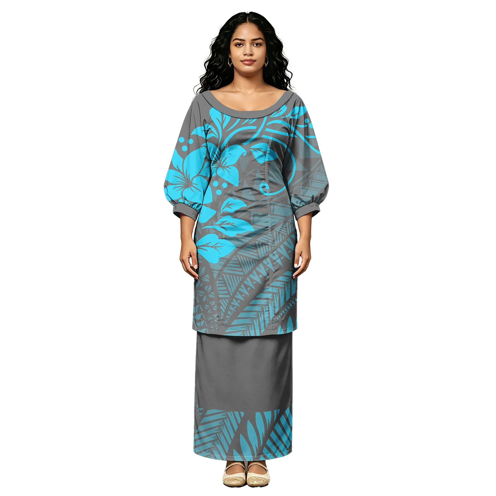 Church Holiday Island Ladies Midi Sleeve Clothes Polynesia O-Neck Puletasi Fiji Tribal Print Women Samoan Puletasi Dress Pacific