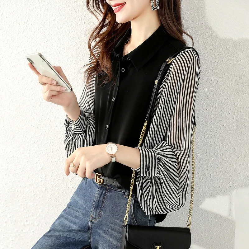 Shirts Women Striped Popular Tops All-match Fashion Korean Casual Simple Female Retro Baggy Long Sleeve Clothing Elegant New Ins