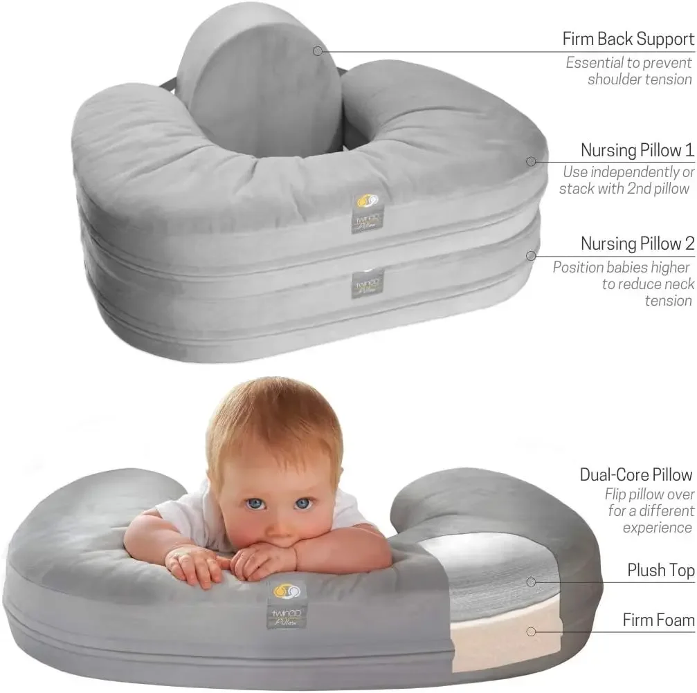 Nurse & Lounge Pillow (Grey) - Breastfeeding Pillow for Twins or Two Lounge Pillows 8 uses XS to Plus Size Woman