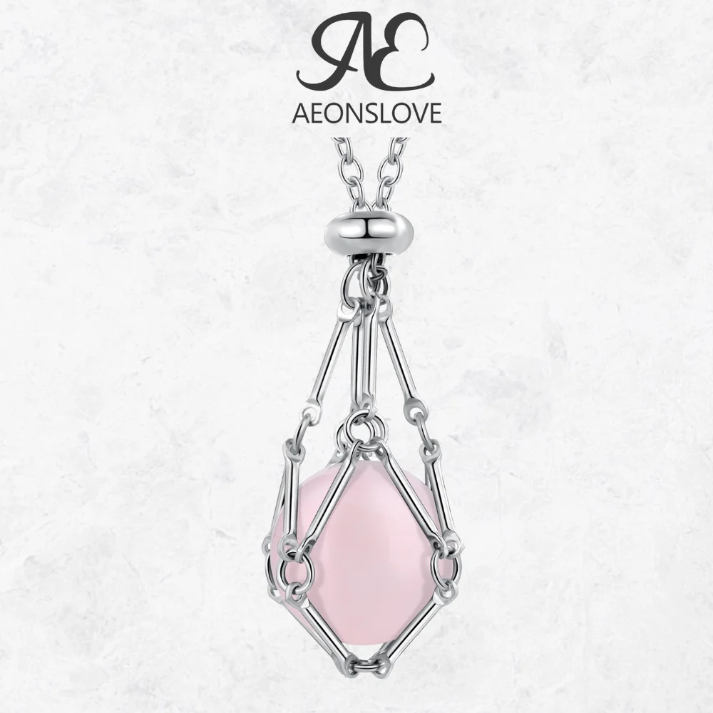 

AEONSLOVE Crystal Ball Cage Necklace 16mm Beads Natural Stone Round Ball Pendant Reiki Chakra Healing Amulet Spiritual Jewelry