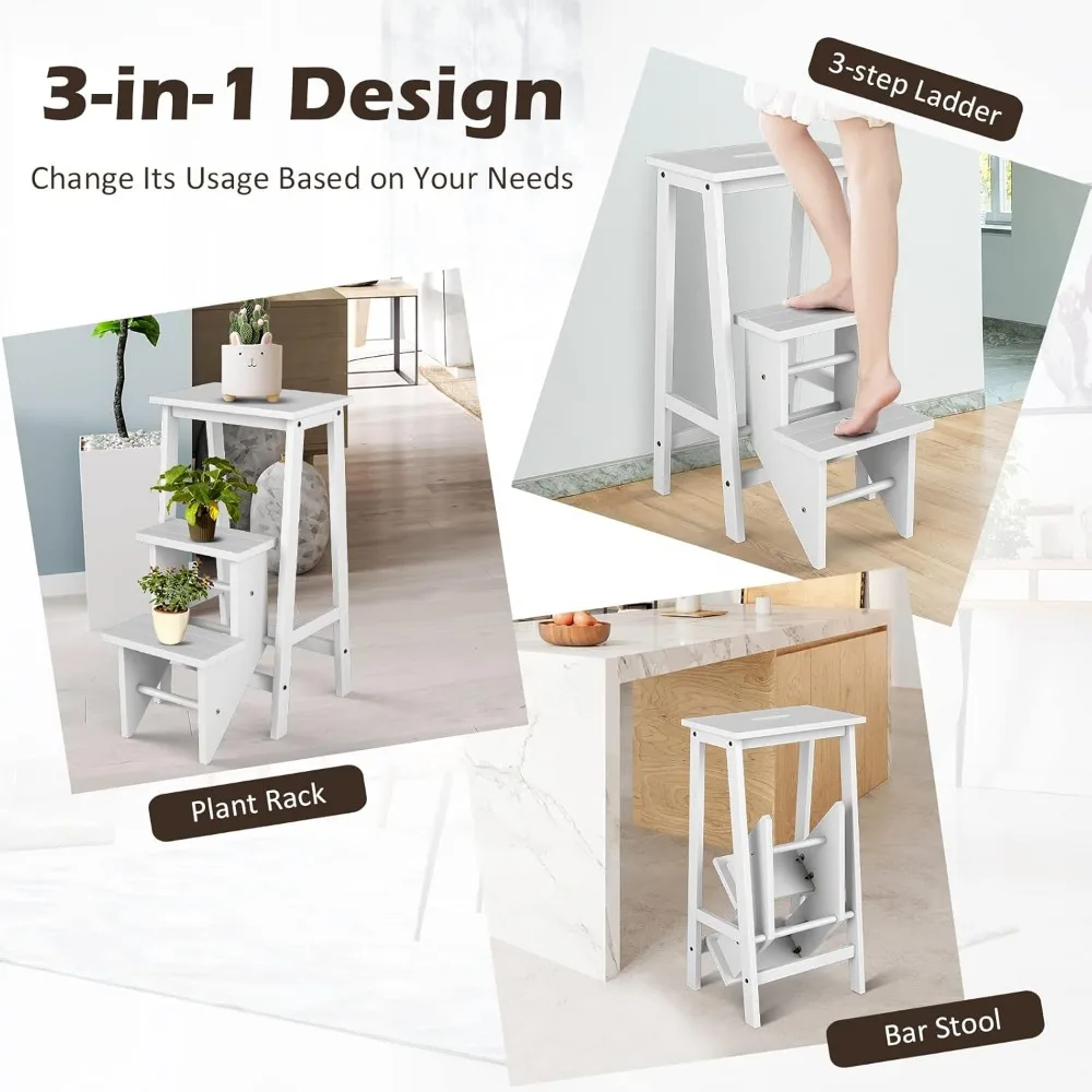 Folding 3 Step Stool, 3 in 1 Wooden Step Ladder with Handle, Non-Slip Pedal, Multifunctional Storage Shelf, Flower Rack for Kit