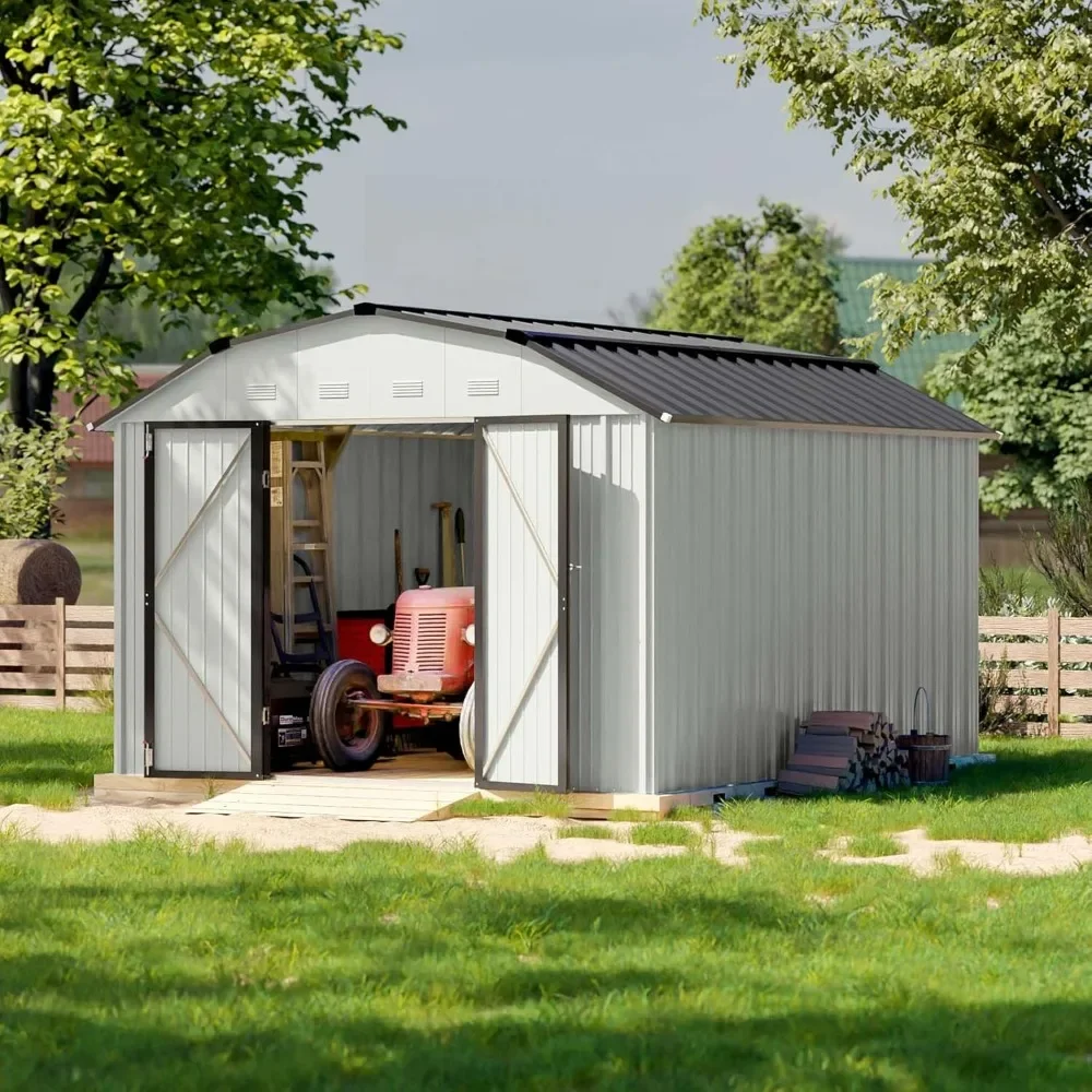 Storage Shed 10 X 12 FT Barn Style Metal  Outdoor, Steel Yard Shed Design of Lockable Doors, Utility and Tool Storage