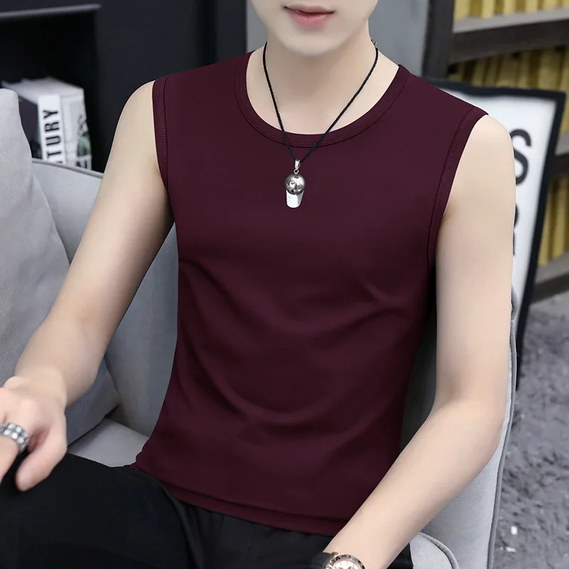 Ice Silk Cool Touch Feeling Men's O-neck Vest Summer Fashion Solid Color Simple Soft Comfortable Slim Fit Outdoor Sleeveless Top