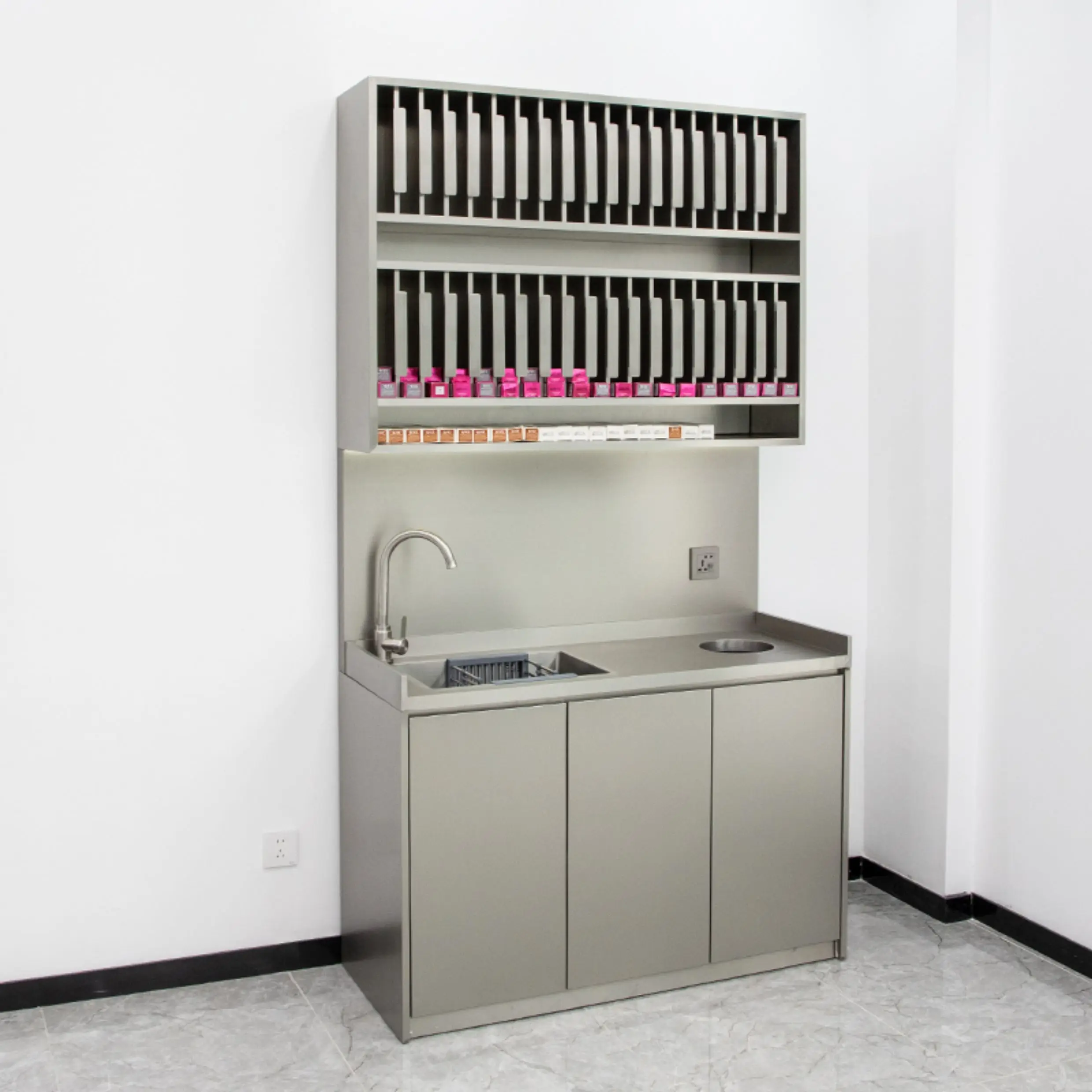 Barber shop special stainless steel dye cream rack with washing table integrated storage cabinet