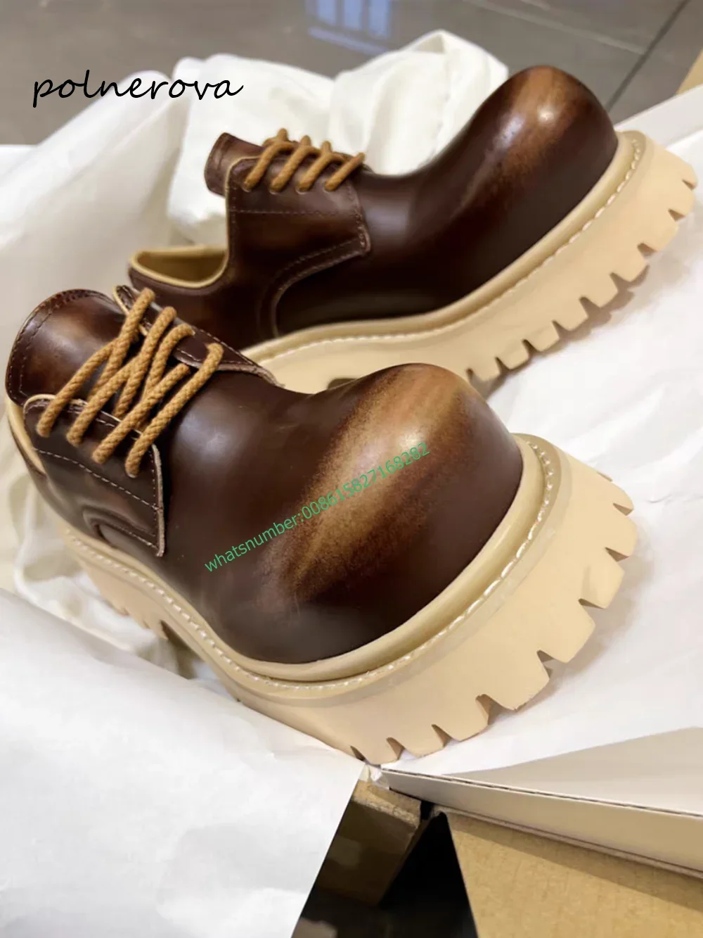 

Newest Large Toe Leather Shoes Fashion Lace-Up Thick Sole Pump Round Toe Party Daily Shoe for Men Women 2024 Spring Novelty Cool