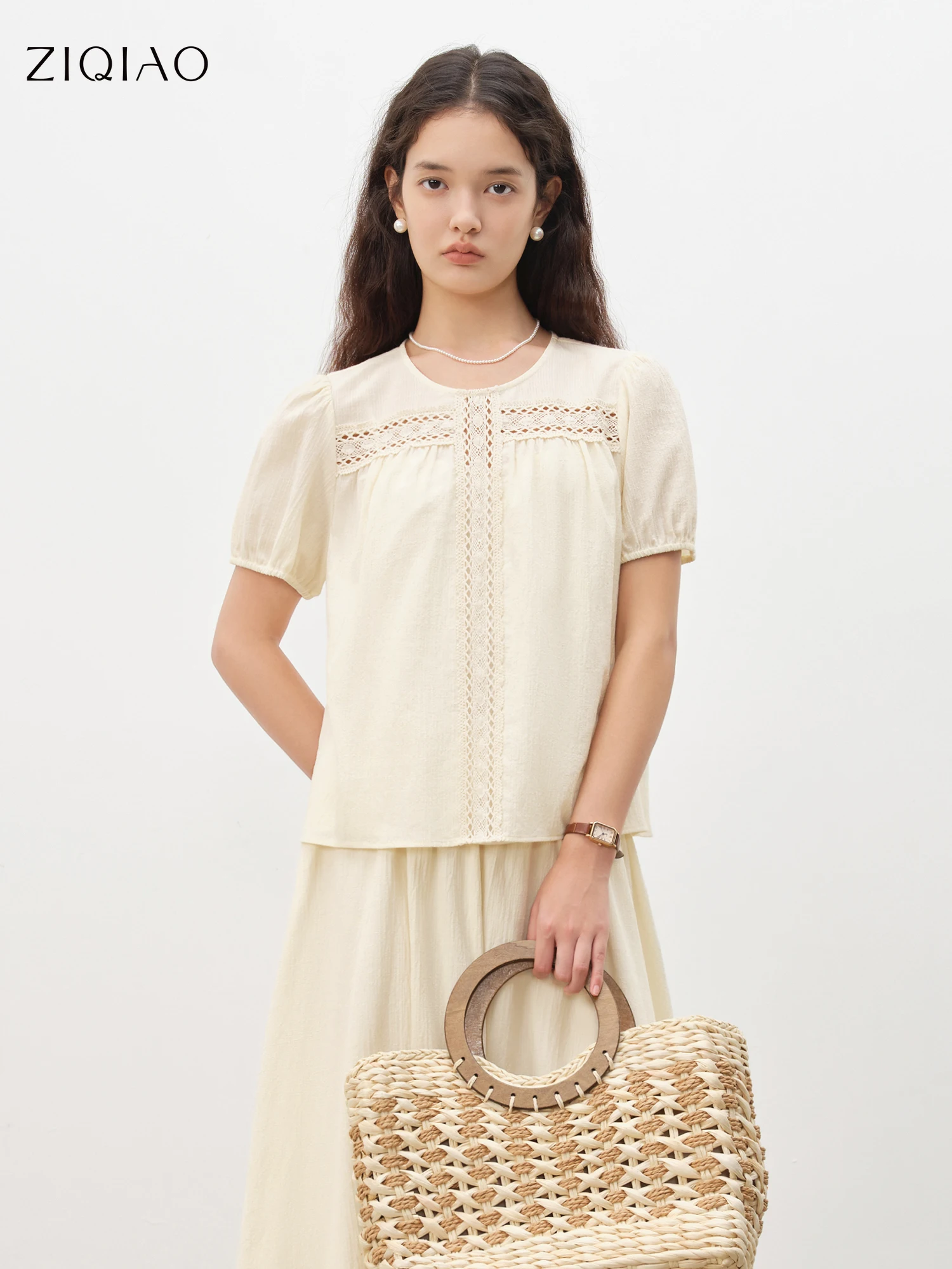 ZIQIAO Petite Women Lace Cutout Top Skirt Outfit 2025 Summer New Arrival French-inspired Complete Set 25ZQ92256+25ZQ92257