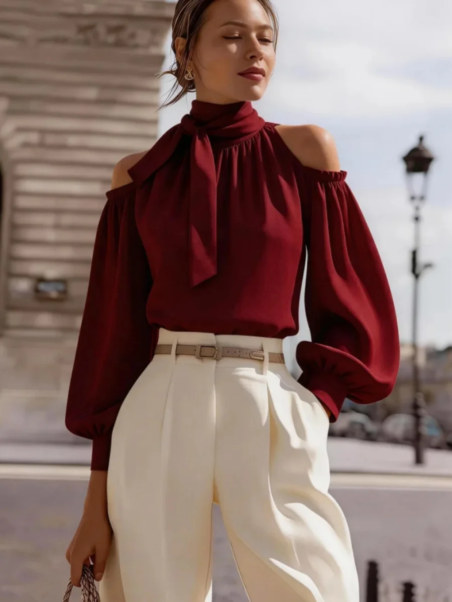 Women Tie Neck Cold Shoulder Blouse Bishop Lantern Long Sleeve Gathered Neck Elegant Office Party Ladies Tops
