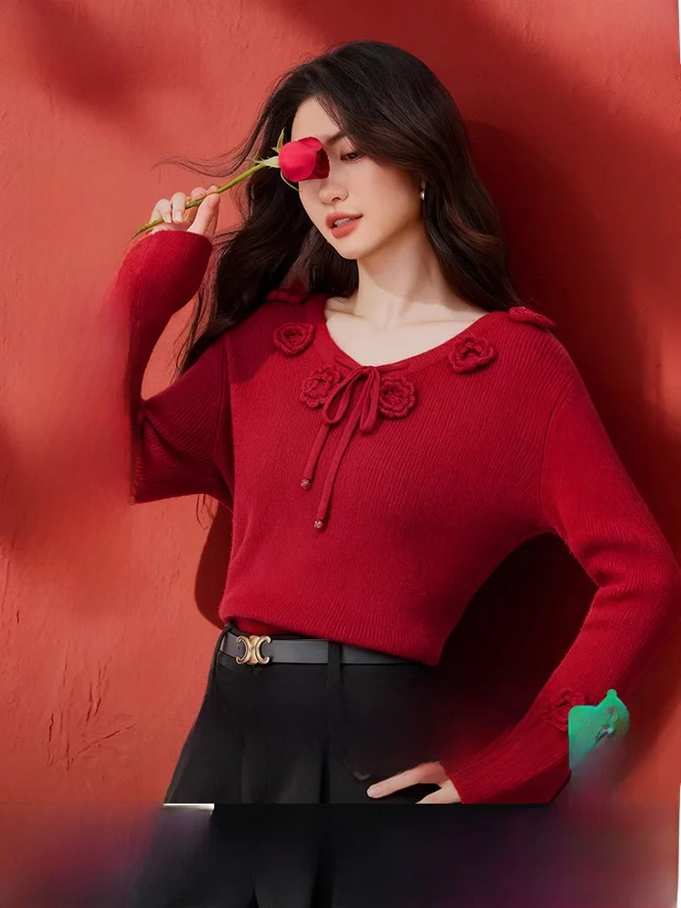 

Элегантный романтический шерстяной свитер с V-образным вырезом для женщин, зимний модный трикотажный топ с рукавами-колокол, эластичный, повседневный, прямого кроя