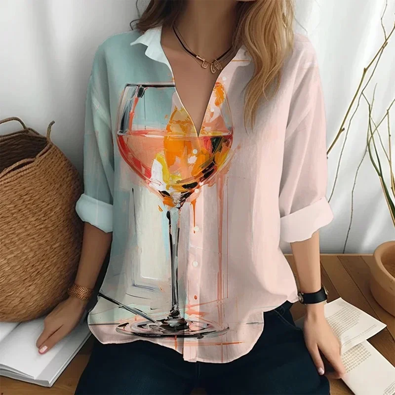 2024 New Business Women\'s Shirt Long Sleeve Solid Color Printed Collar Pocket Daily Beach Vacation Comfortable Top