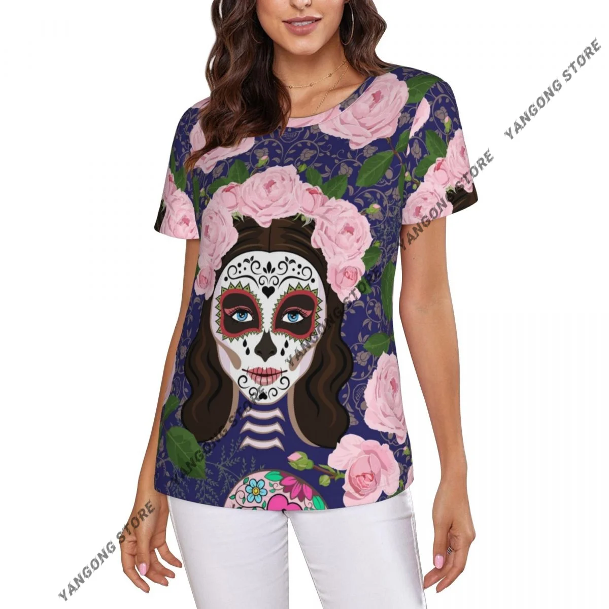 

Женская футболка Calavera Catrina с сахарными черепами, повседневная уличная футболка с круглым вырезом и короткими рукавами, женская футболка