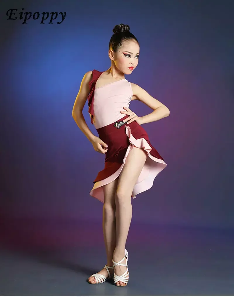 女の子のボールルームラタンダンスコスチューム、キッズボールルームドレス、サルサ、イルバ競技、練習ダンスウェア