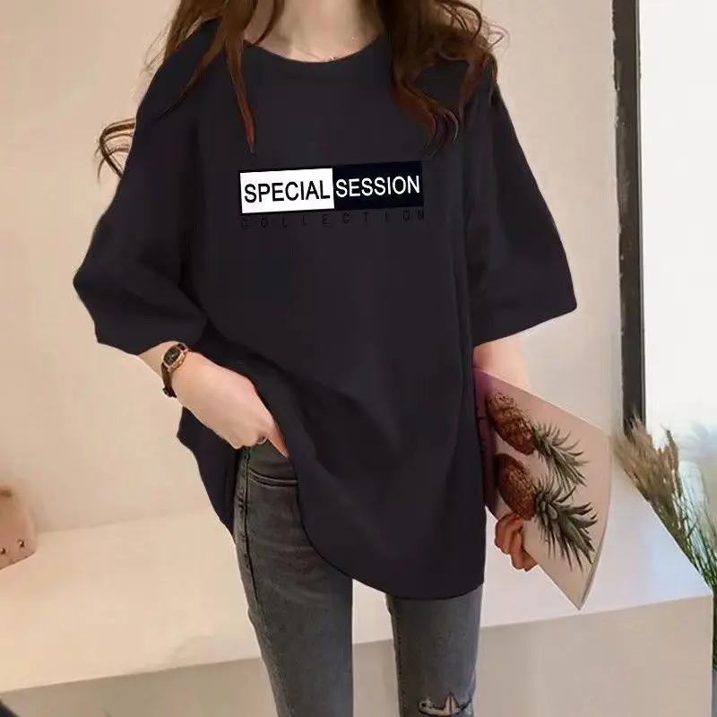 Fashion Casual Printing Letter Mid Length Version T-shirt Women Classic Short Sleeve O-collar Casual All-match Lady Slim Top