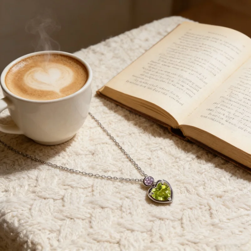 

S925 Sterling Silver Natural Peridot Heart Pendant Necklace 8mm Heart Gemstone CZ Accent Jewelry Gift for Women