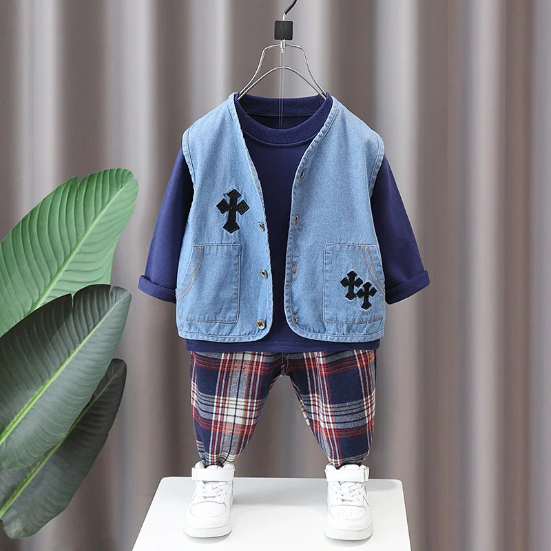 

Toddler Boy Sets for Baby Christmas Outfits Korean Style Denim Sleeveless Vest T-shirts Plaid Pants Children 2 Years Clothing