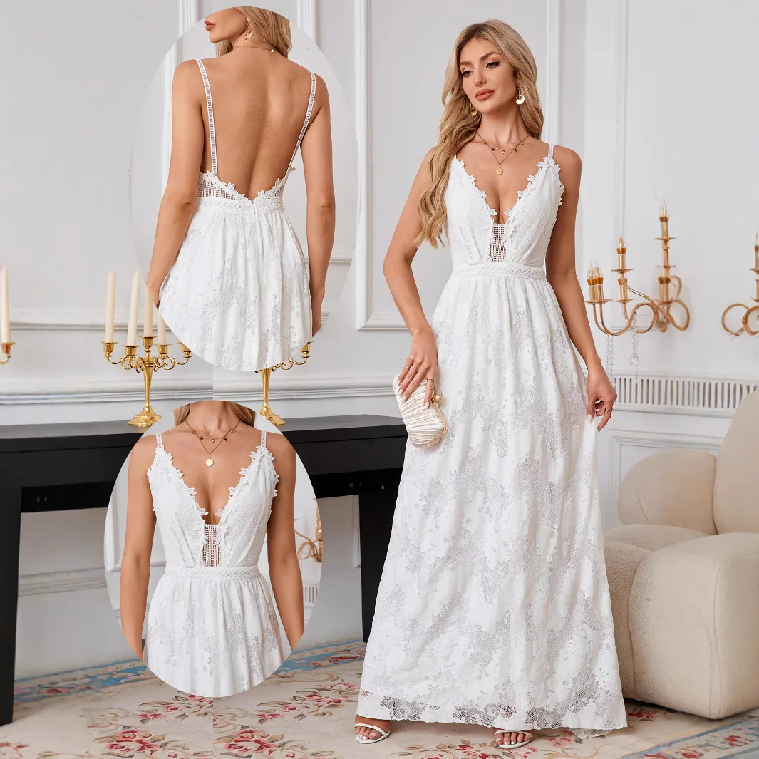 

New Women's Dress with Sexy Lace Strap and White Wedding Dress Tail Lace Cheap 2025 Summer Dress Robe Vestido Women Party