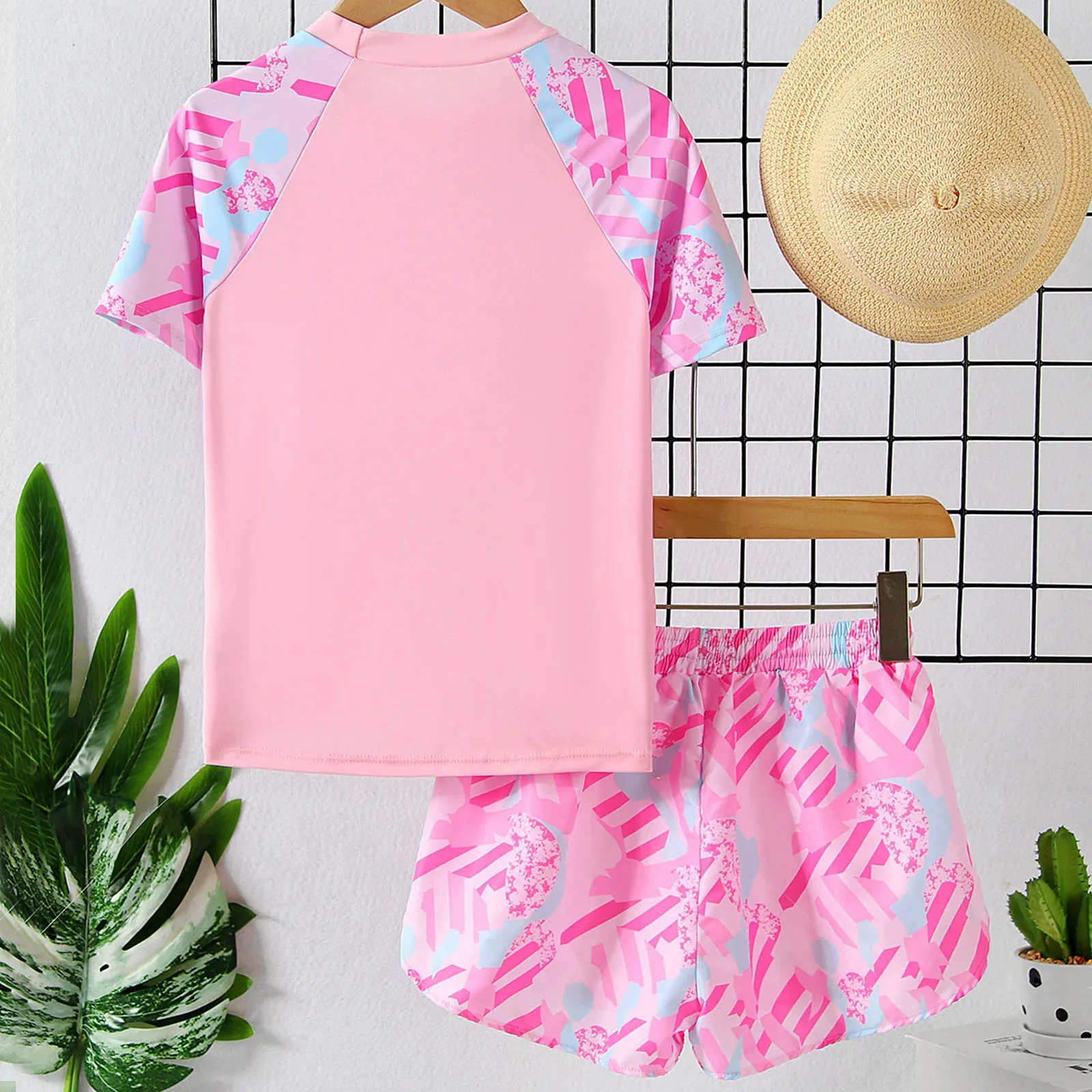 Kids Girls Swimwear Print Swimming Shirt and Shorts Bath Set Two Piece Rash Guard Surfing Sun Protection Tankini Beach Suit Pink
