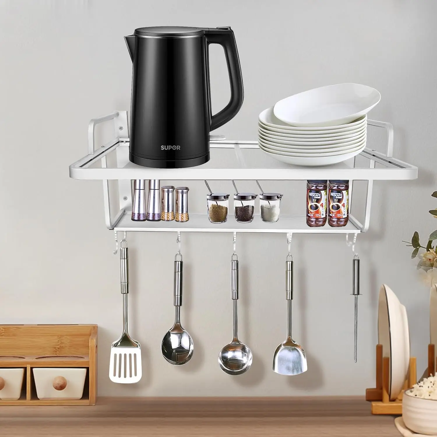 Estante de aluminio de 2 niveles para microondas, estante colgante para microondas de cocina, estante para microondas con 10 ganchos