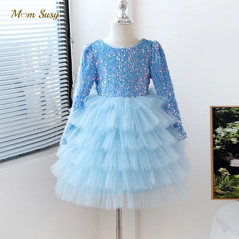 Fashion Baby Girl Princess Sequins Layered Dress Long Sleeve Infant Toddler Child Vestido Birthday Xmas Party Baby Clothes 1-7Y