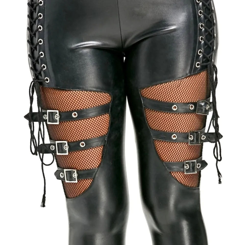 Women's Faux Leather Trousers Fishnet Trim Lace Up PU Leather Pants Thin Lightweight Gothic-Punk Leggings For Women