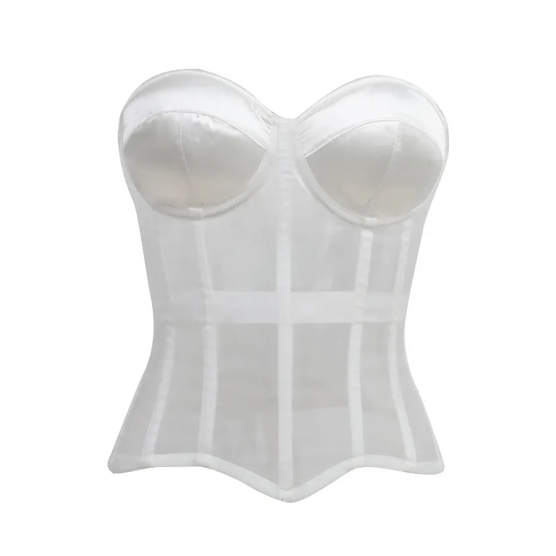 Sexy Strapless Corset Bustier with Bra Breathable Mesh Floral Lace Up Backless Bodice Shaper Slimming Tight Tops Women