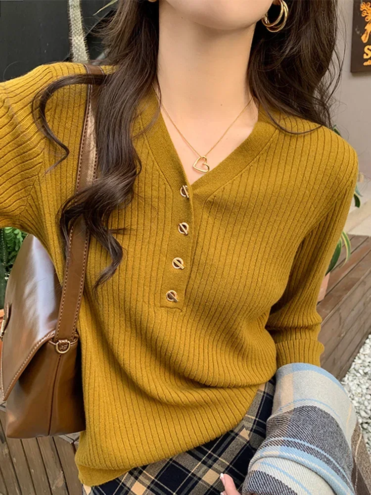 New Chic Autunno e Inverno Pullover a maniche lunghe lavorato a maglia maglione da donna Office Ladies Casual Slim scollo a V abiti coreani