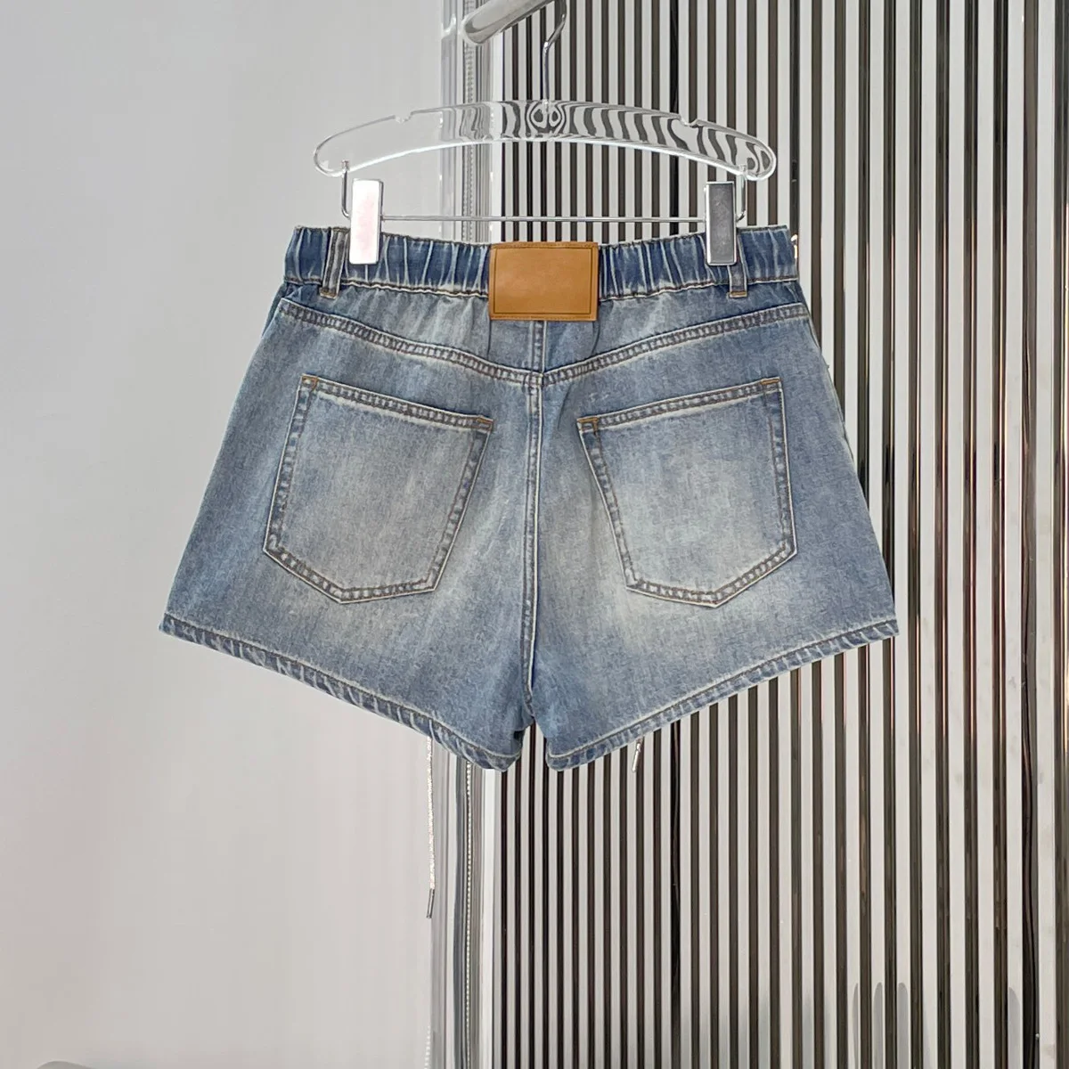 High Quality Women Drawstring Denim Shorts Elastic Waist Button Fly Washed Casual Short Pants lyt132698