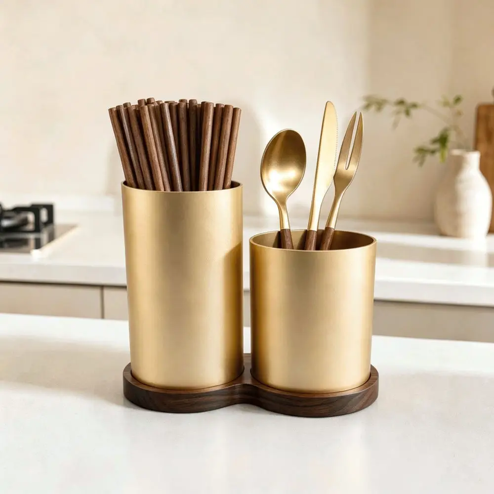 Premium Cutlery Organizer Kitchen Drainer Rack Ebony Wood Space Aluminum Holder For Chopsticks Spoon Fork Storage