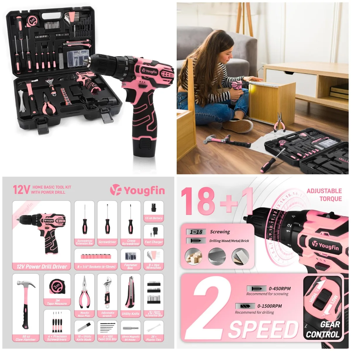 

Pink 12V Drill Set for Women, 195-Piece Tool Kit with Pink Toolbox for Home Repair