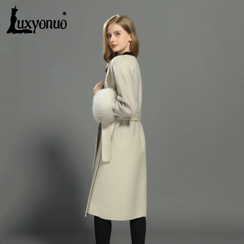 

Luxyonuo Women's Cashmere Long Coat with Real Fur Cuff Ladies Winter Fashion Woolen Trench Coat Elegant Outwear Fall New Arrival