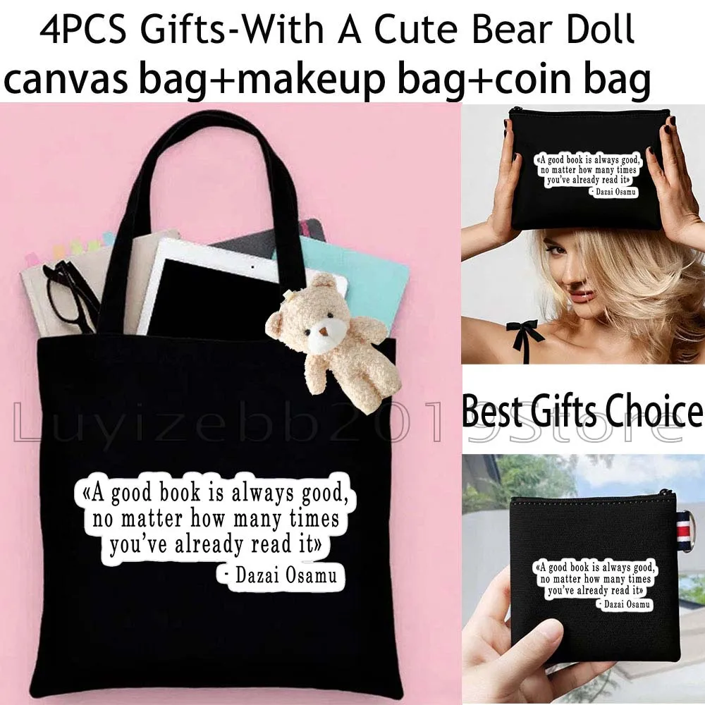 4PCS Book Reading Lover Quotes Gifts Fashion Canvas Tote Bag Cotton Handbag,Cosmetic Makeup Bag,Coin Purse Wallet Zipper Pouch