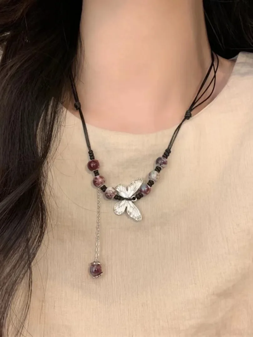 New Chinese National Style Ceramic Butterfly Necklace for Women Simple Retro Style Clavicle Chain image 5