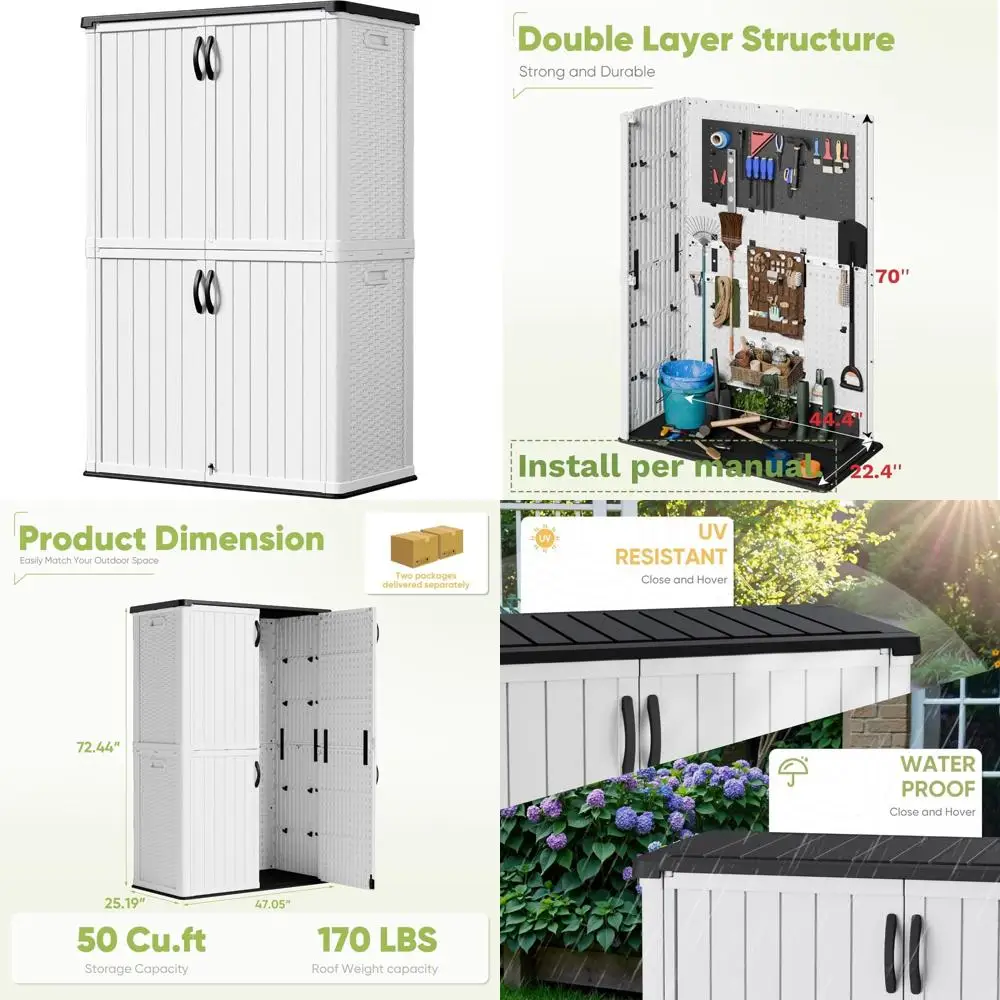 

Waterproof 50 Cubic Foot Outdoor Storage Cabinet - Heavy-Duty Vertical Shed for Patio, Garden, and Deck, Ideal for Tool Storage